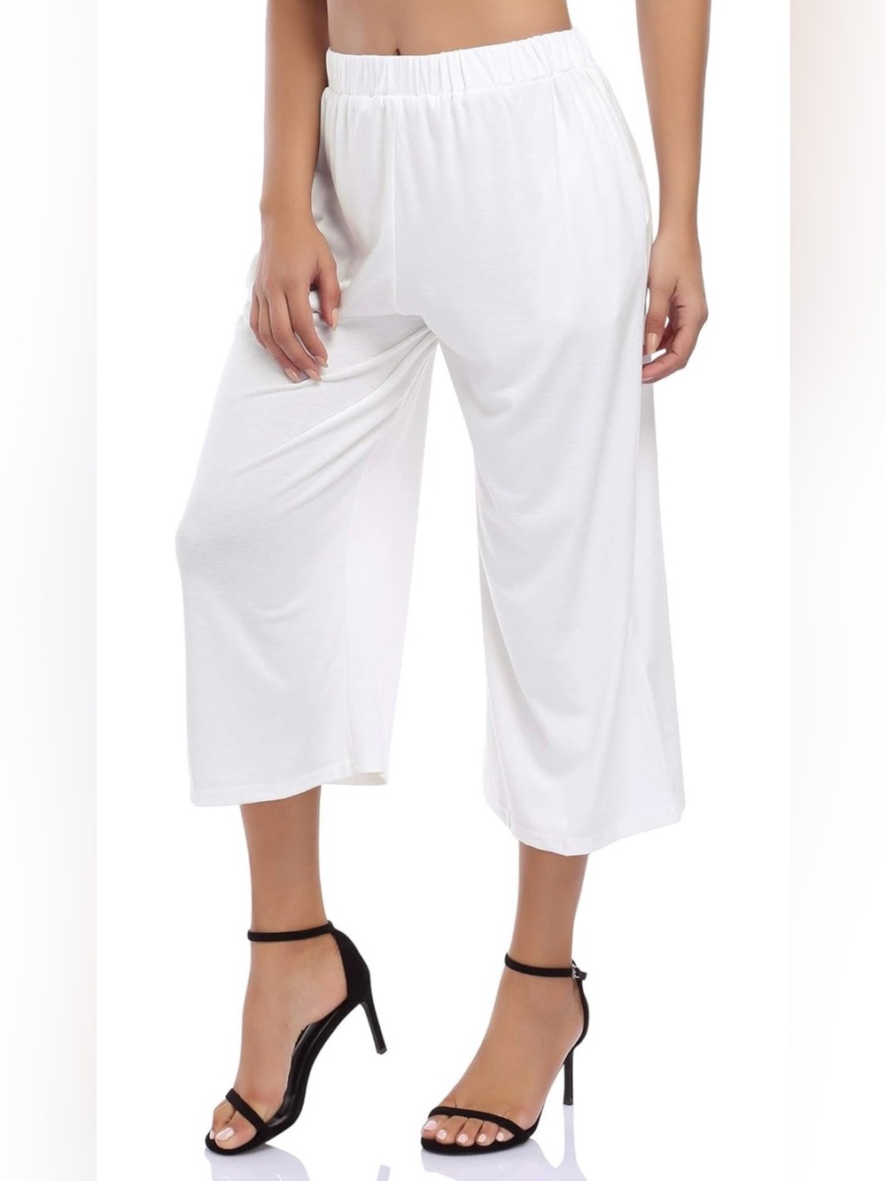 🍄New! Elastic Waist White Gaucho Casual Wide Leg Pants with Pockets Size 2X